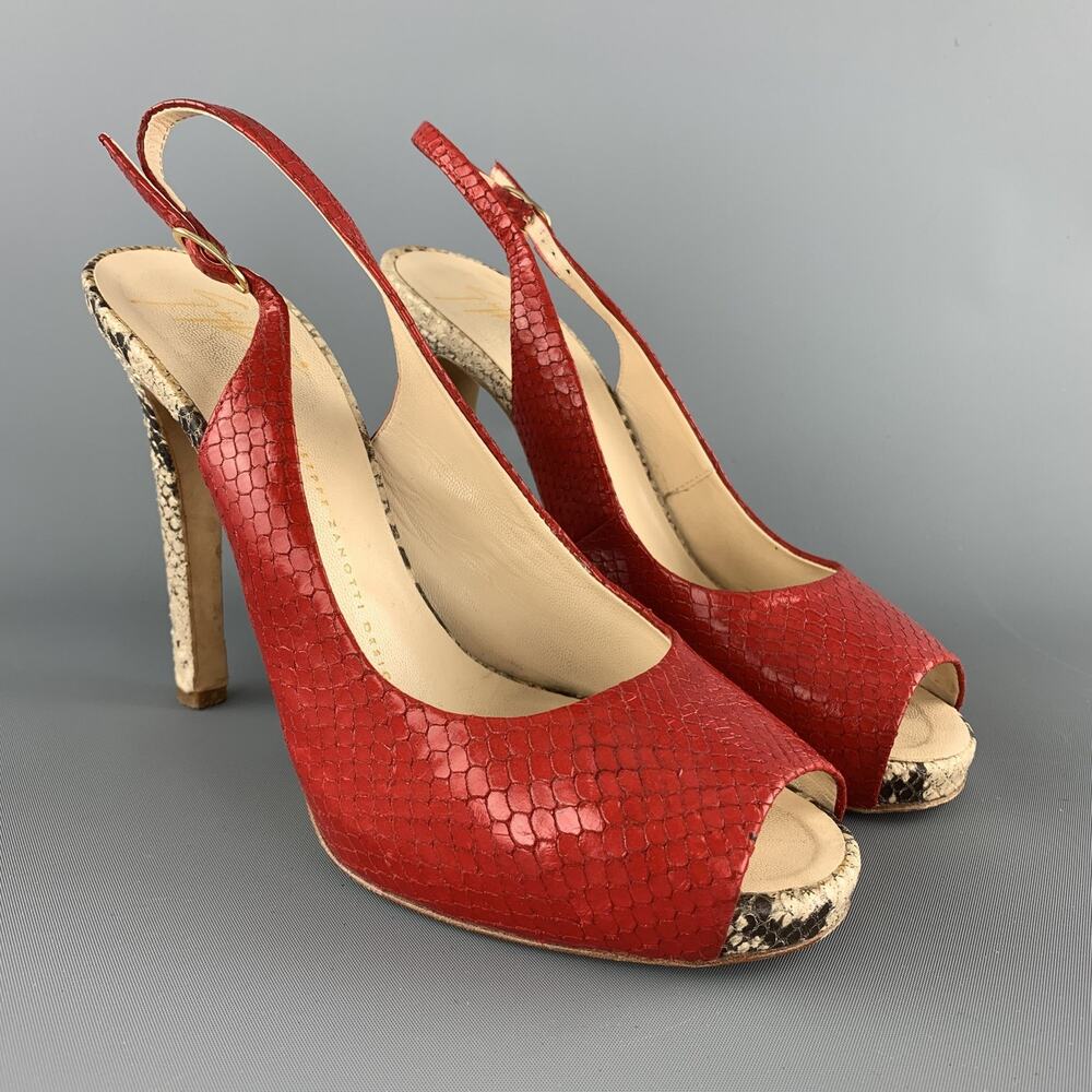 GIUSEPPE ZANOTTI Size 8 Red & Beige Snake Skin Slingback Peep Toe Pumps - Picture 2 of 8